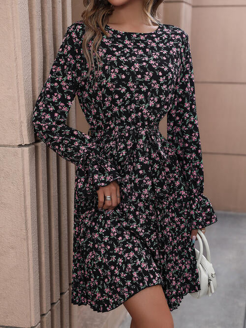 Floral Tie Front Long Sleeve Dress -BazaarBey - www.shopbazaarbey.com