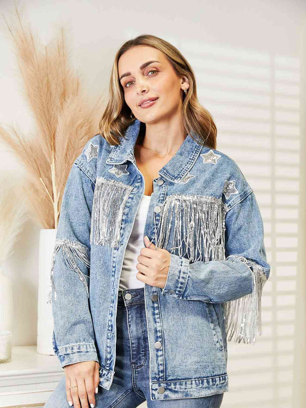 Fringe Detail Long Sleeve Denim Jacket Bazaarbey