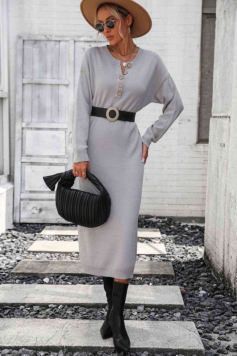 Notched Neck Dropped Shoulder Button-Down Midi Dress Bazaarbey