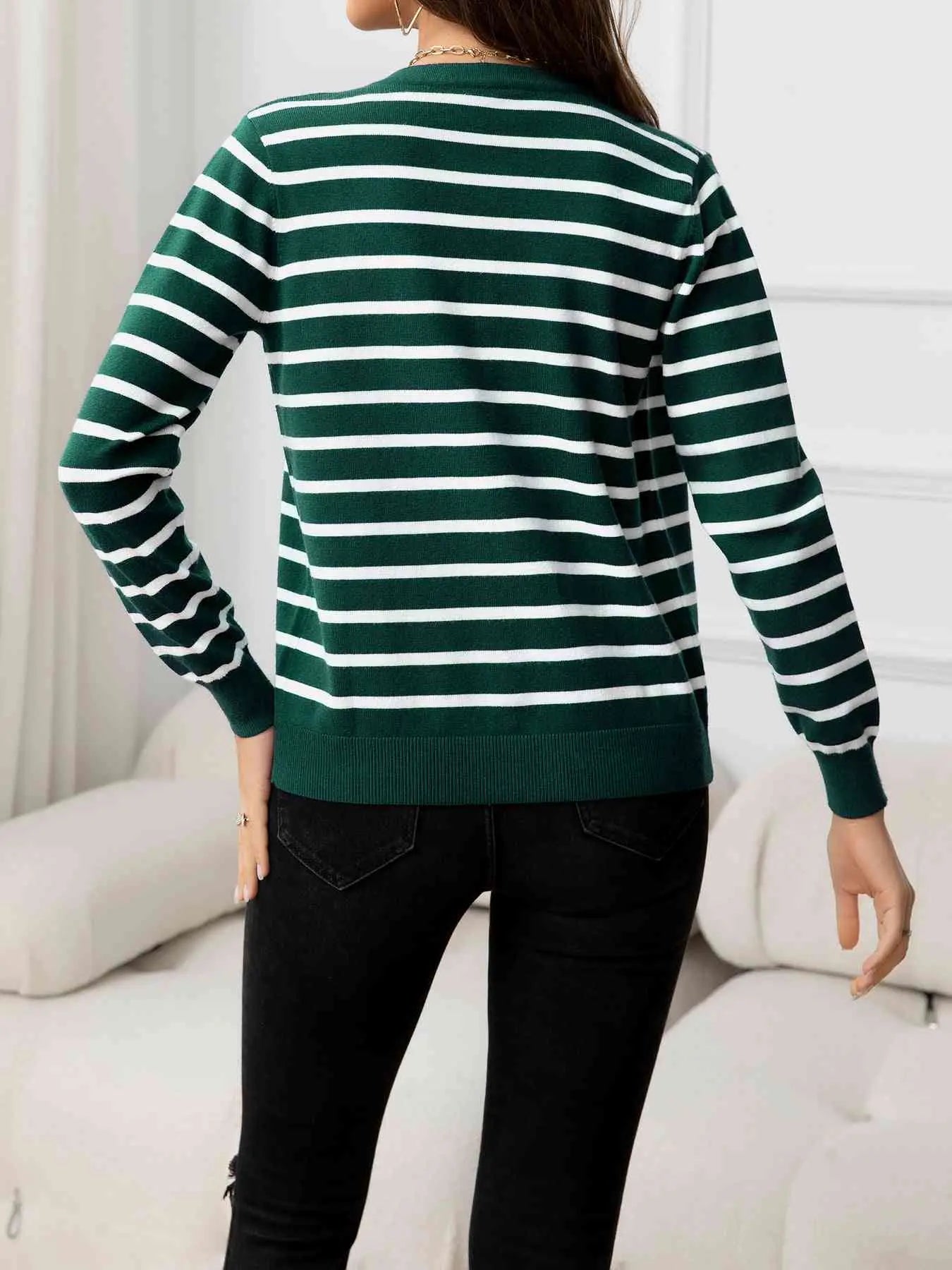 Striped Round Neck Long Sleeve Buttoned Knit Top Trendsi