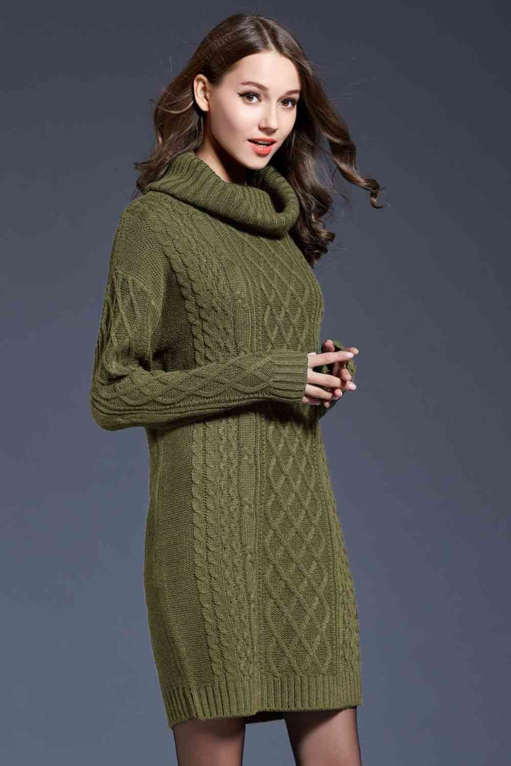 Woven Right Full Size Mixed Knit Cowl Neck Dropped Shoulder Sweater Dress Bazaarbey