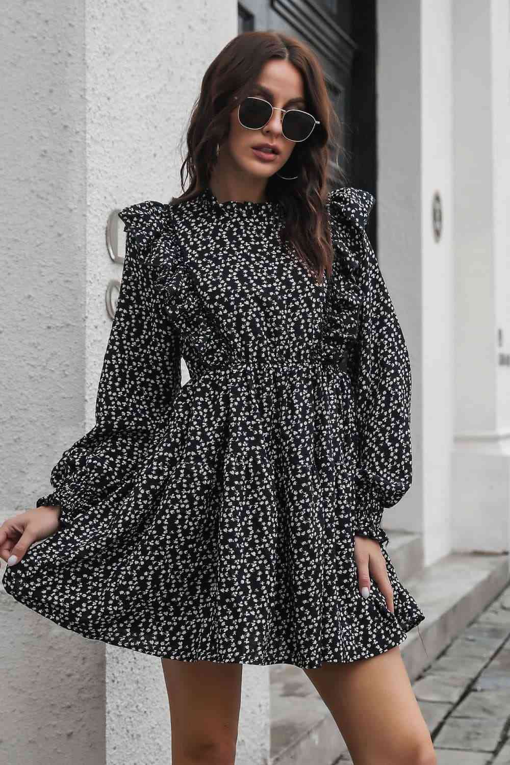 Printed Ruffle Trim Smocked Long Sleeve Mini Dress Bazaarbey