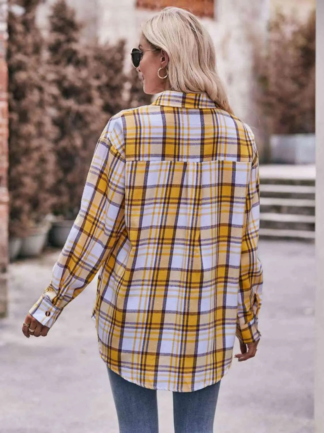 Plaid Dropped Shoulder Longline Shirt Trendsi