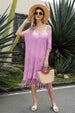 V-Neck Short Sleeve Fringe Hem Knit Dress Bazaarbey