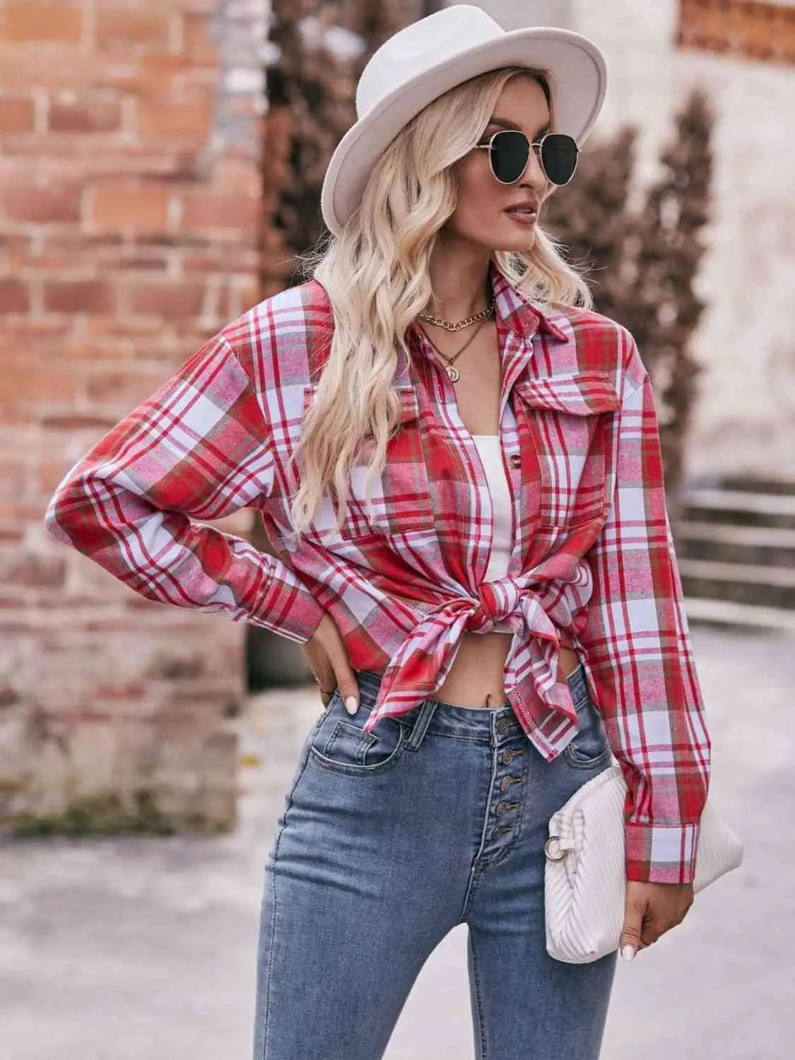 Plaid Dropped Shoulder Longline Shirt Trendsi