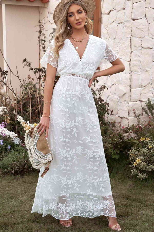 Embroidered Short Sleeve Surplice Neck Maxi Dress Bazaarbey