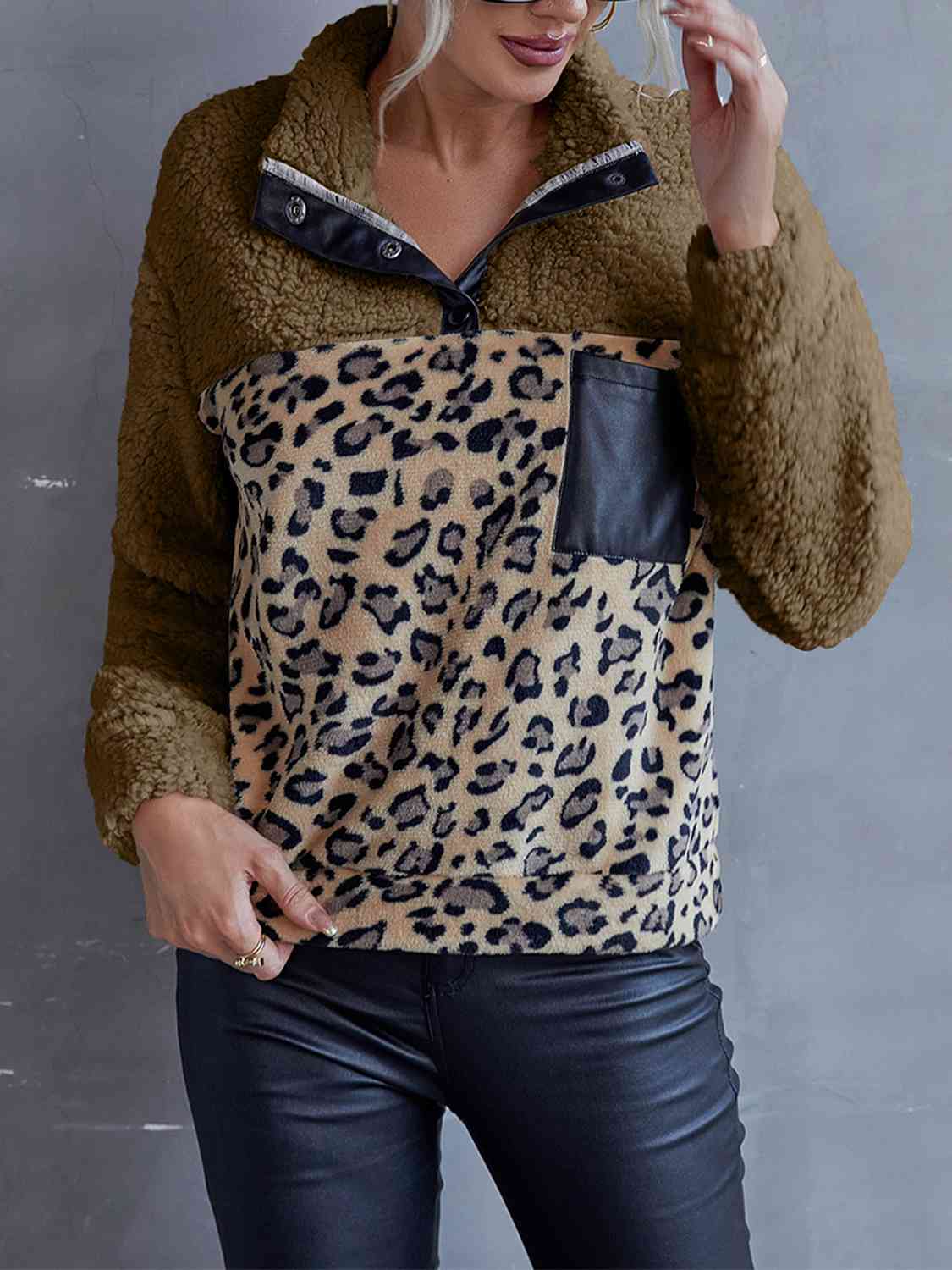  Quarter-Snap Teddy Sweatshirt Trendsi