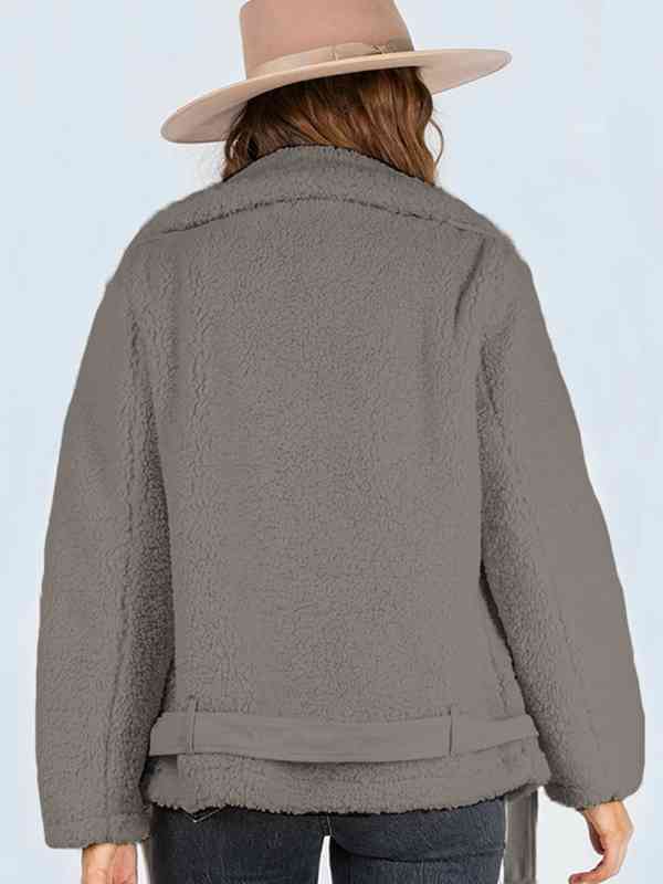 Zip-Up Belted Sherpa Jacket Trendsi