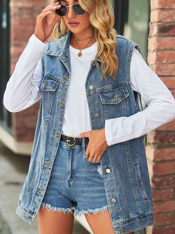 Collared Neck Sleeveless Denim Top with Pockets Bazaarbey