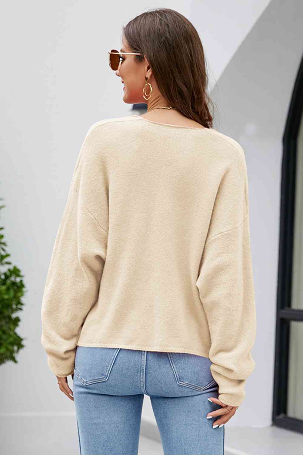 V-Neck Drop Shoulder Long Sleeve Knit Top Bazaarbey