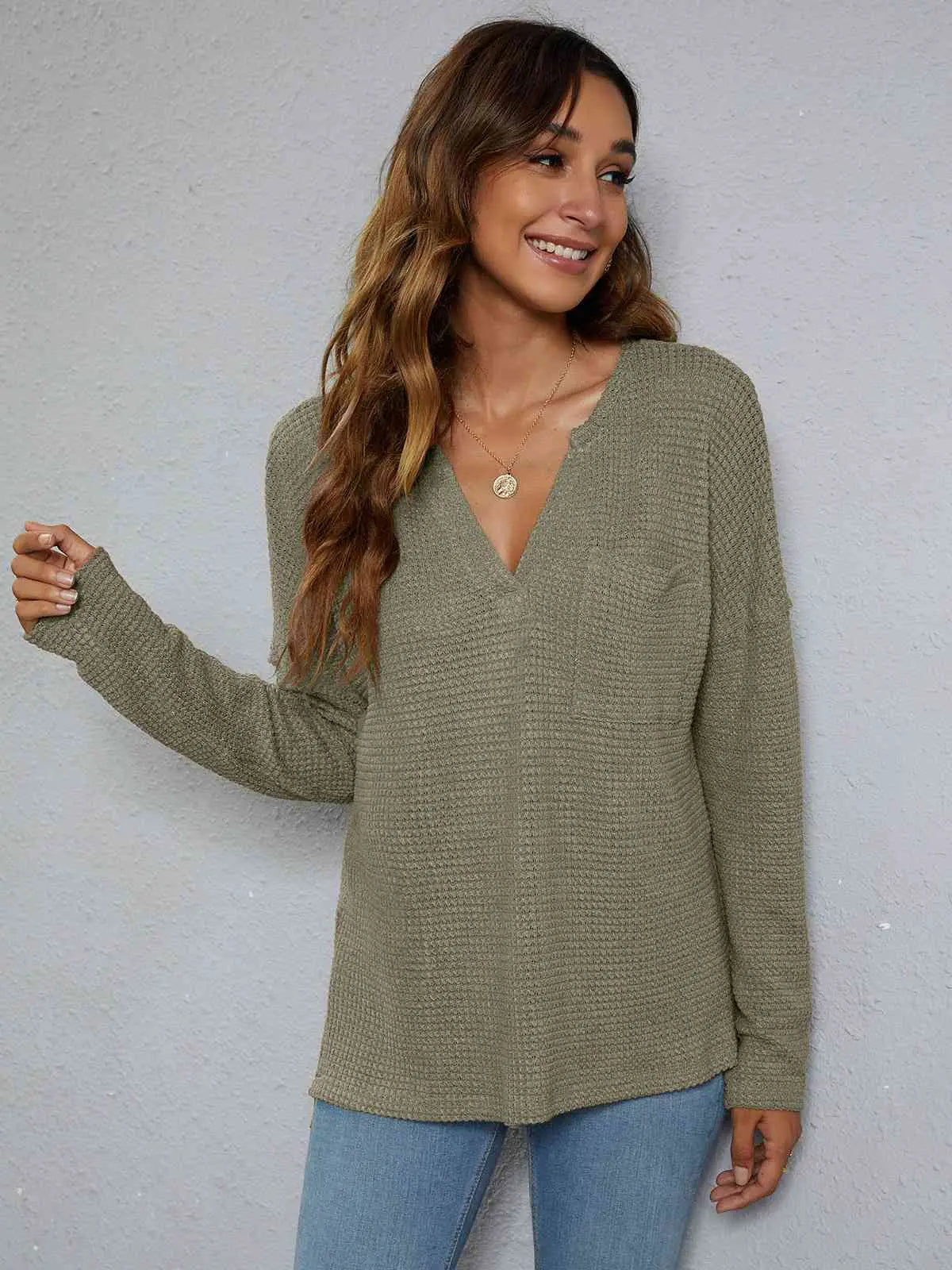 Dropped Shoulder High-Low Waffle-Knit Top Bazaarbey