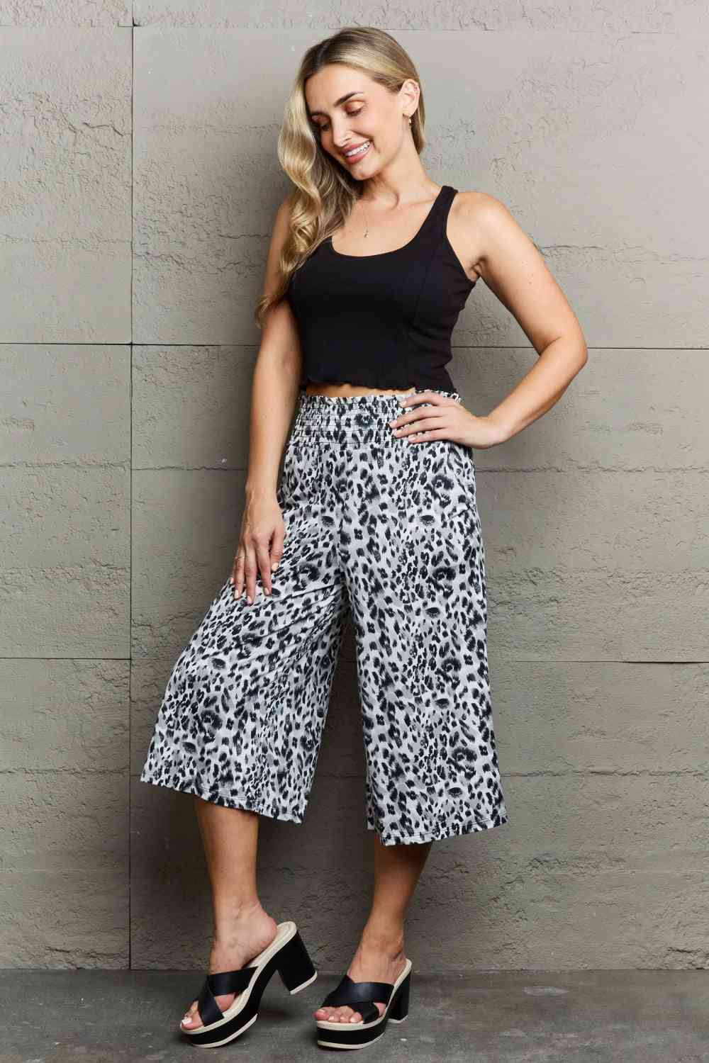 Ninexis Leopard High Waist Flowy Wide Leg Pants with Pockets Bazaarbey