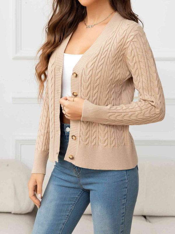 BazaarBey V-Neck Long Sleeve Cable-Knit Buttoned Knit Top 