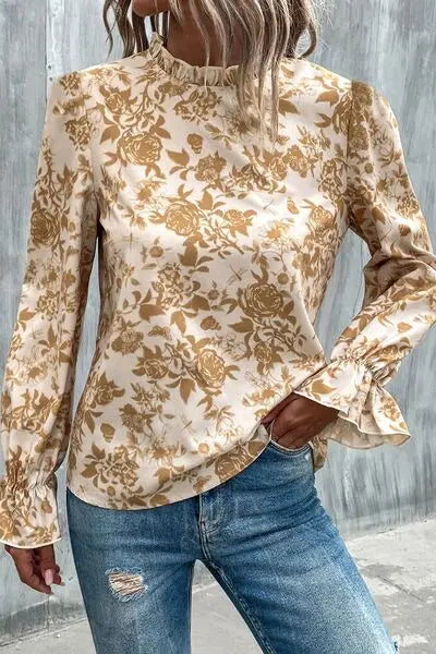 Floral Print Mock Neck Flounce Sleeve Blouse Trendsi