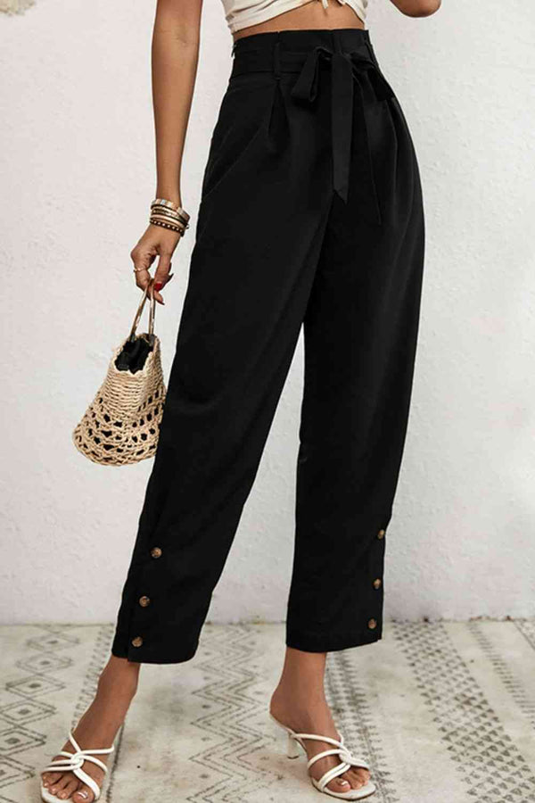 Buttoned Tie-Waist Cropped Pants Bazaarbey