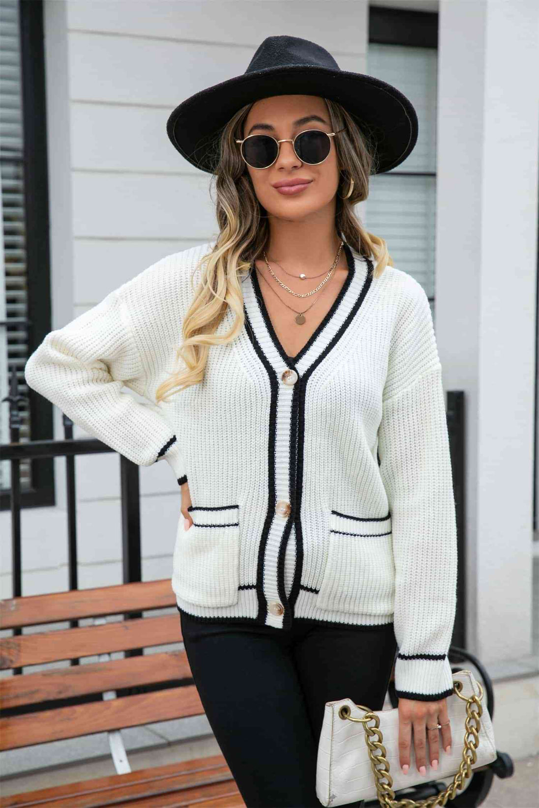 Waffle Knit V-Neck Cardigan with Pocket Trendsi