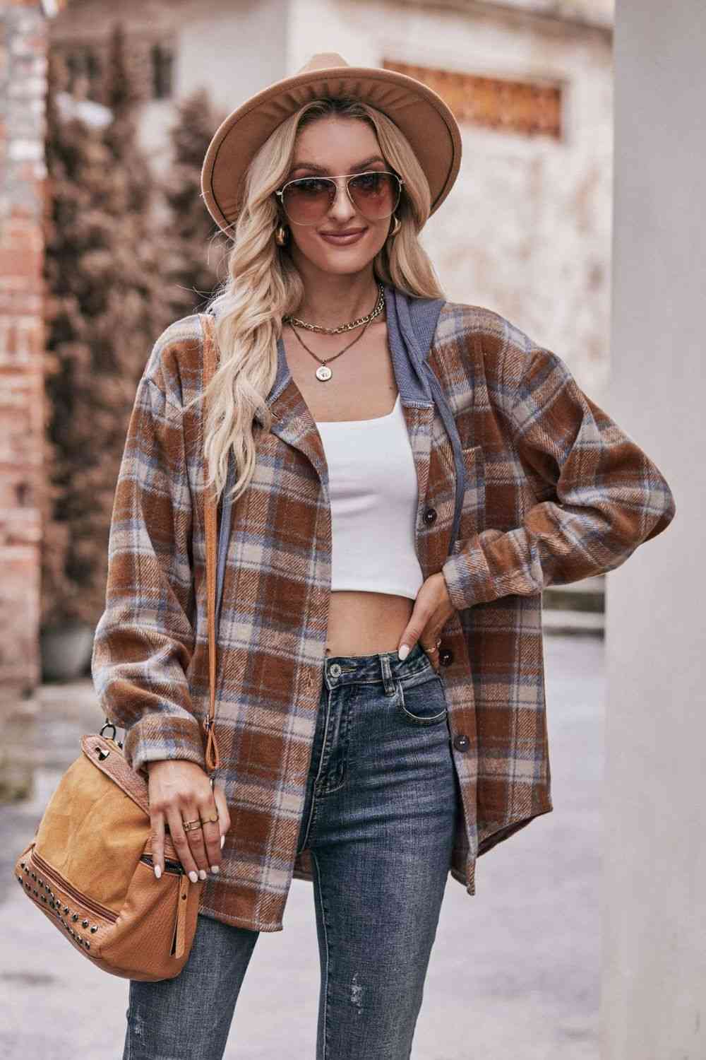 Plaid Dropped Shoulder Hooded  Jacket Trendsi