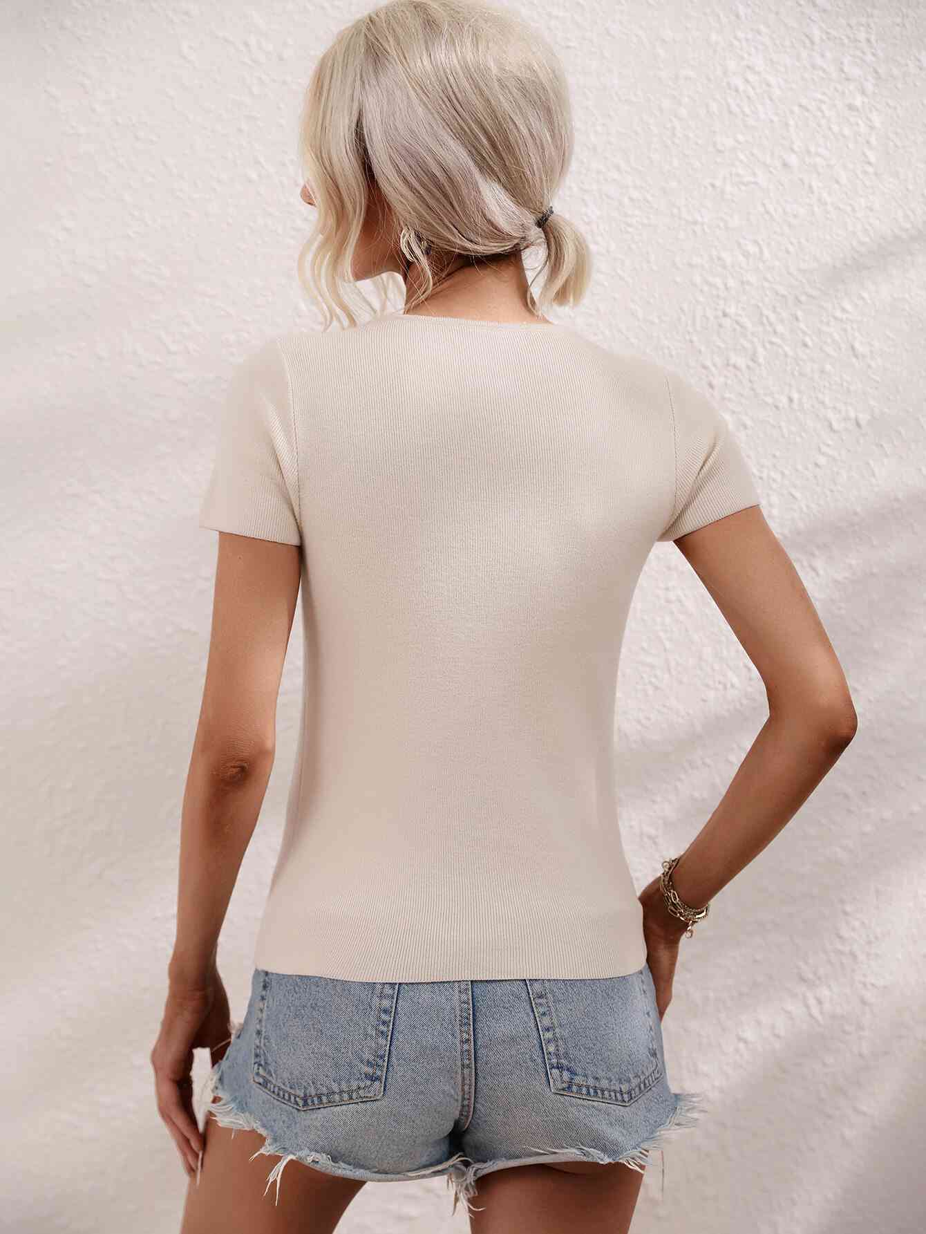 Cutout Round Neck Short Sleeve Knit Top Trendsi