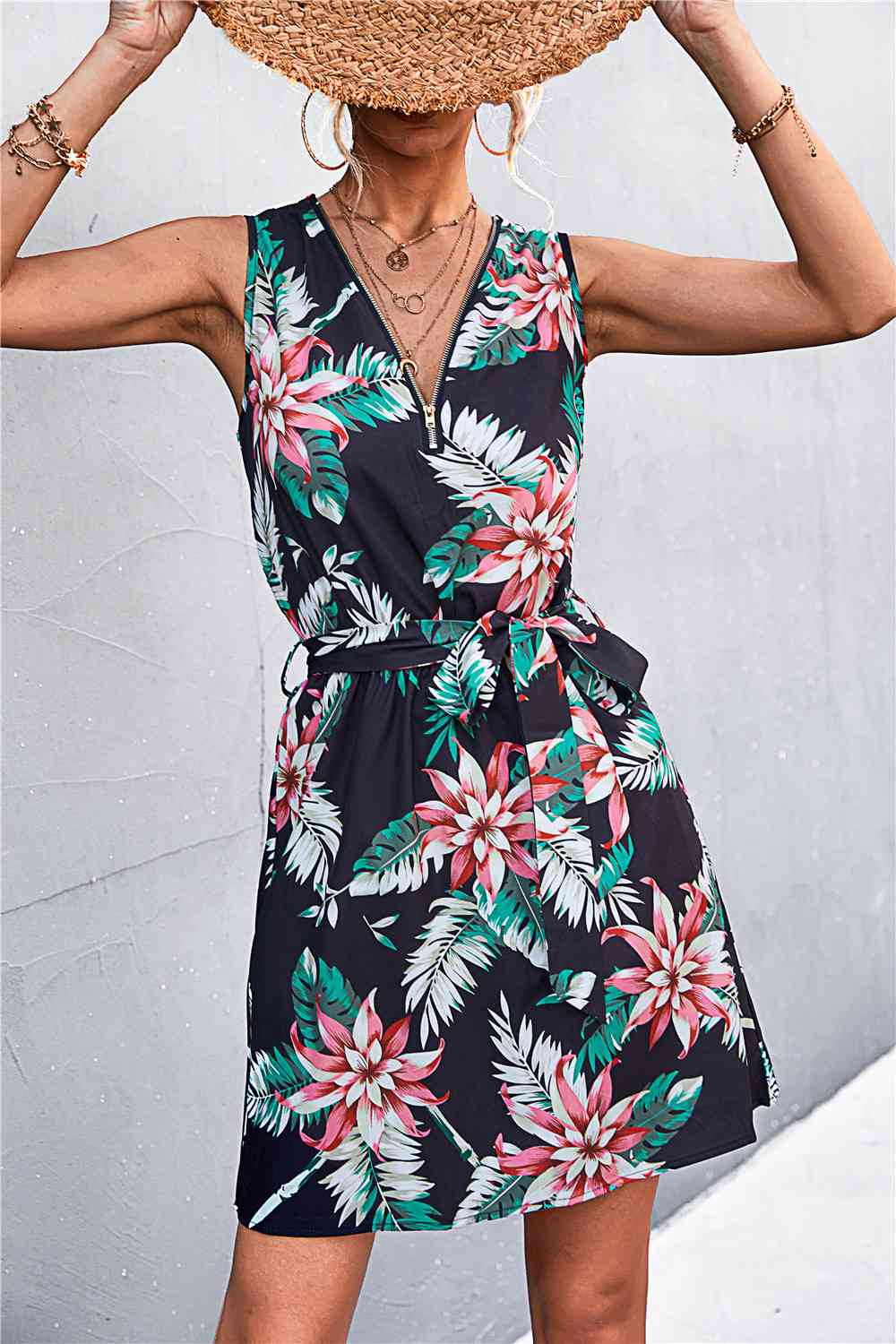 Printed Zip Detail Belted Sleeveless Dress -BazaarBey - www.shopbazaarbey.com