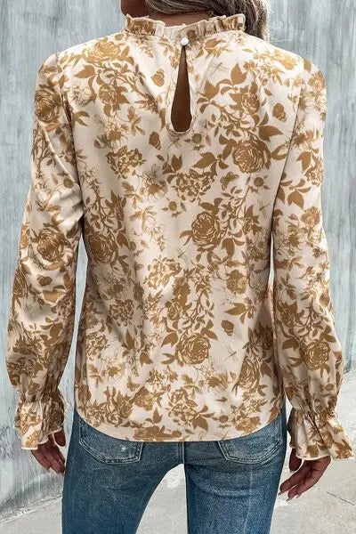 Floral Print Mock Neck Flounce Sleeve Blouse Trendsi