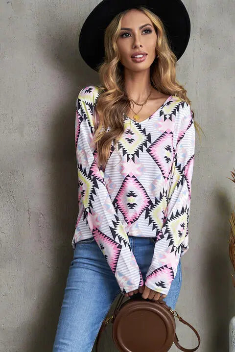 Geometric V-Neck Long Sleeve T-Shirt Bazaarbey