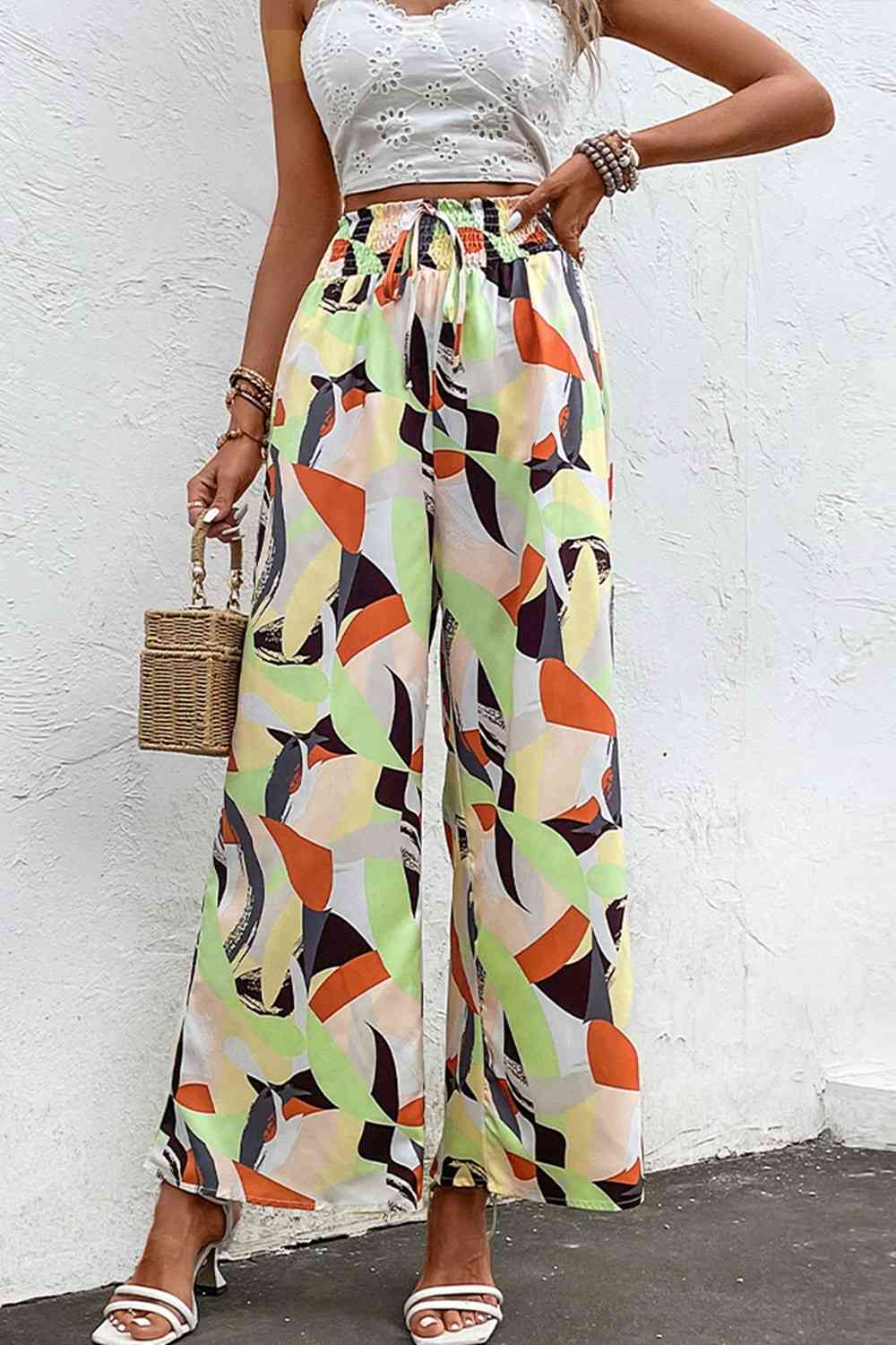 Printed Smocked Waist Wide Leg Pants Bazaarbey