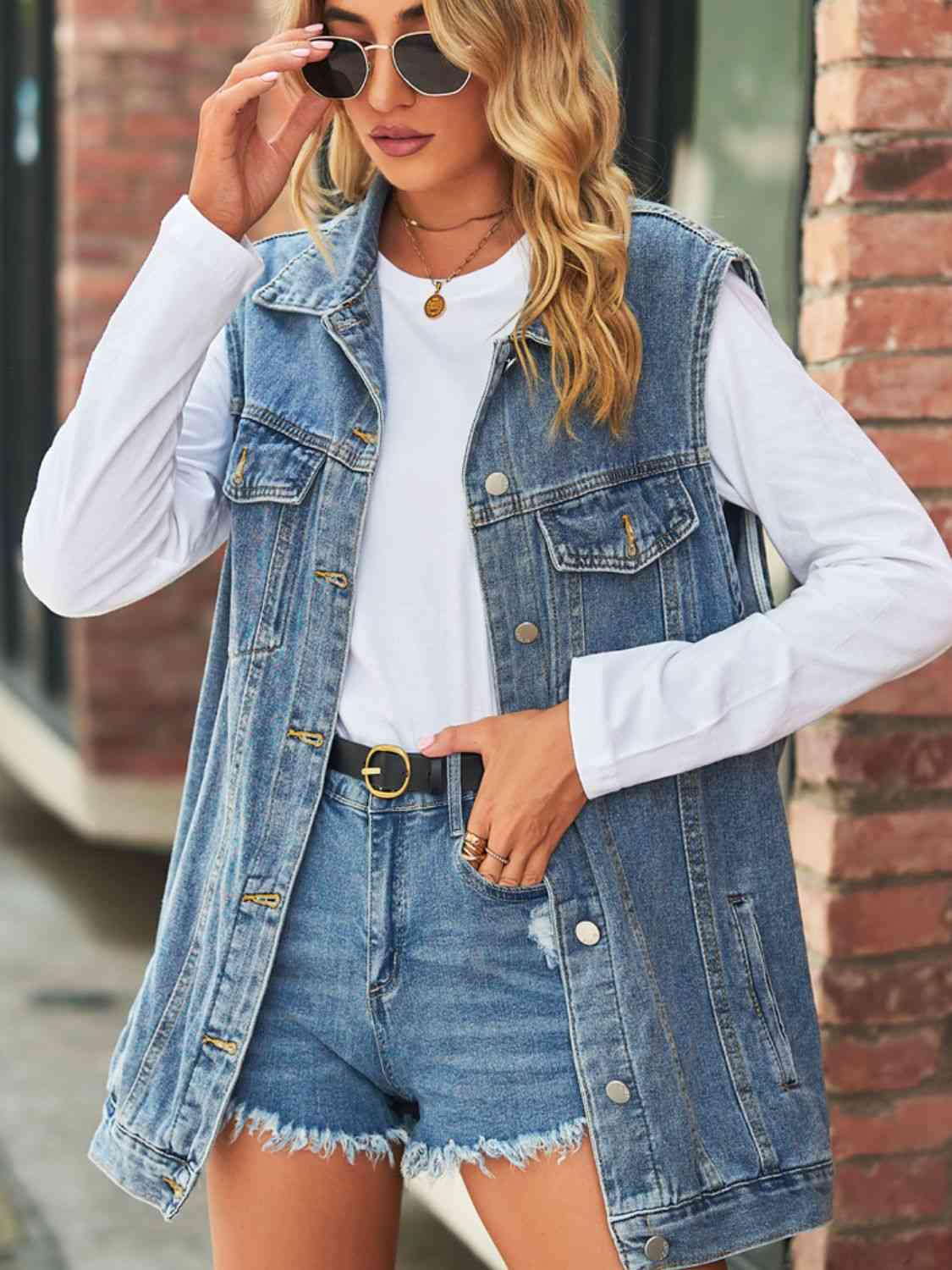 Collared Neck Sleeveless Denim Top with Pockets Bazaarbey