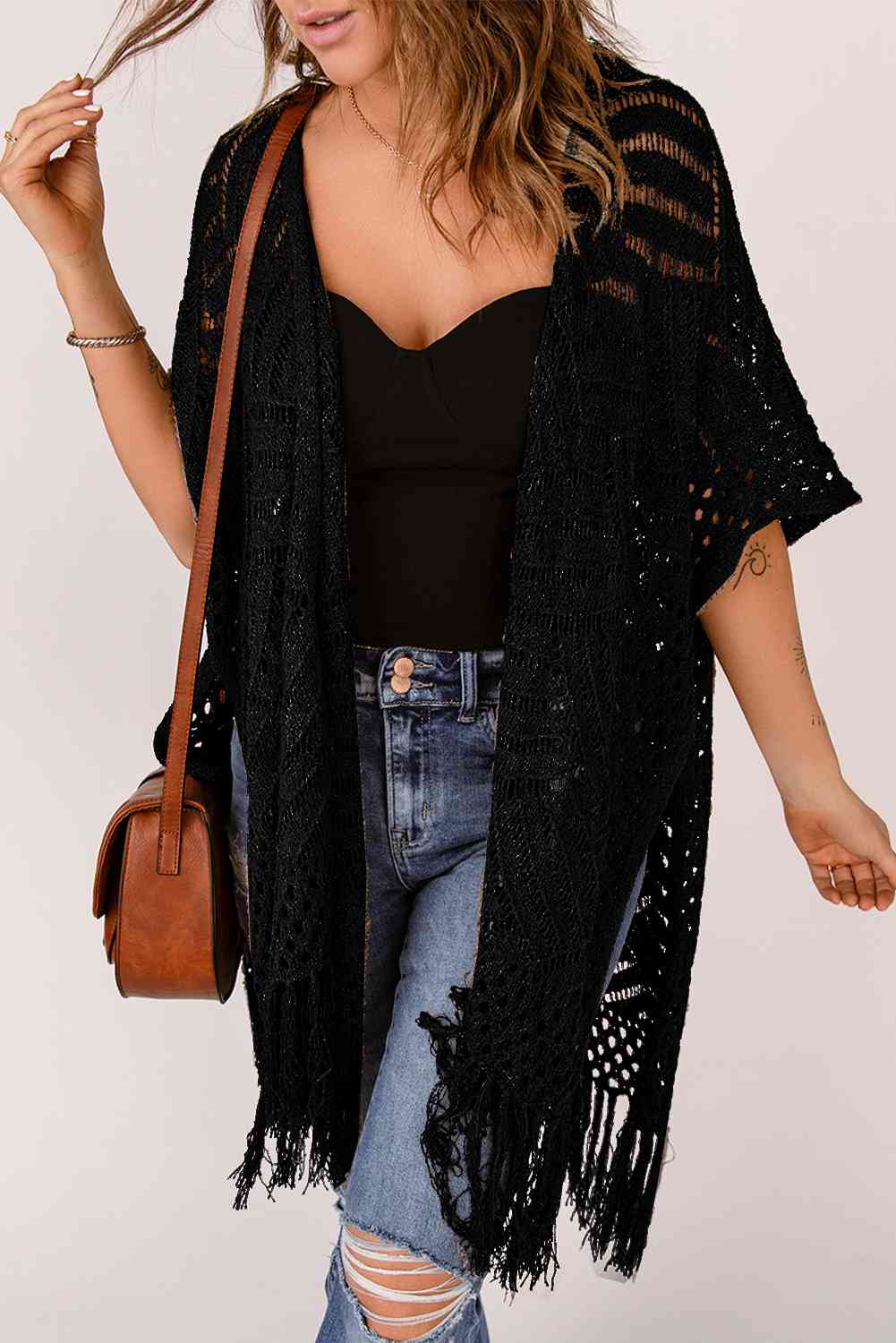 Fringe Hem Slit Open Front Cardigan Bazaarbey