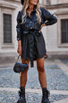 Tie Waist Collared Long Sleeve Dress -BazaarBey - www.shopbazaarbey.com