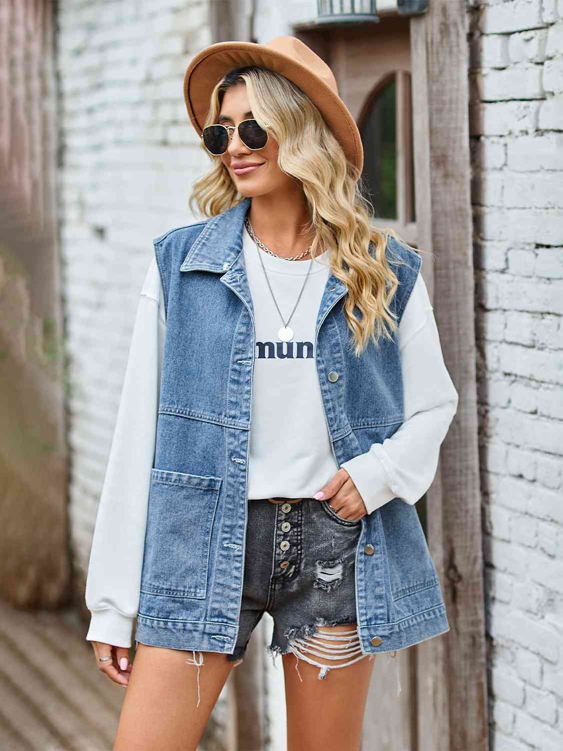 Button Front Sleeveless Denim Jacket Bazaarbey