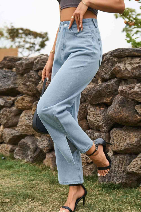 High Waist Loose Fit Ankle Slit Jeans Trendsi