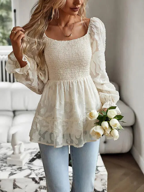 Smocked Flounce Sleeve Peplum Blouse Bazaarbey