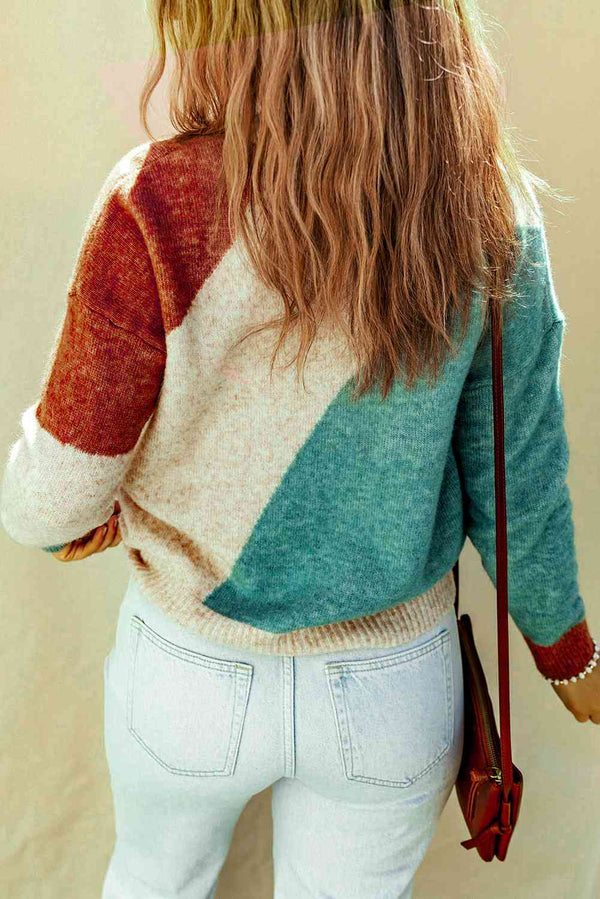 Color Block Round Neck Dropped Shoulder Pullover Sweater Bazaarbey