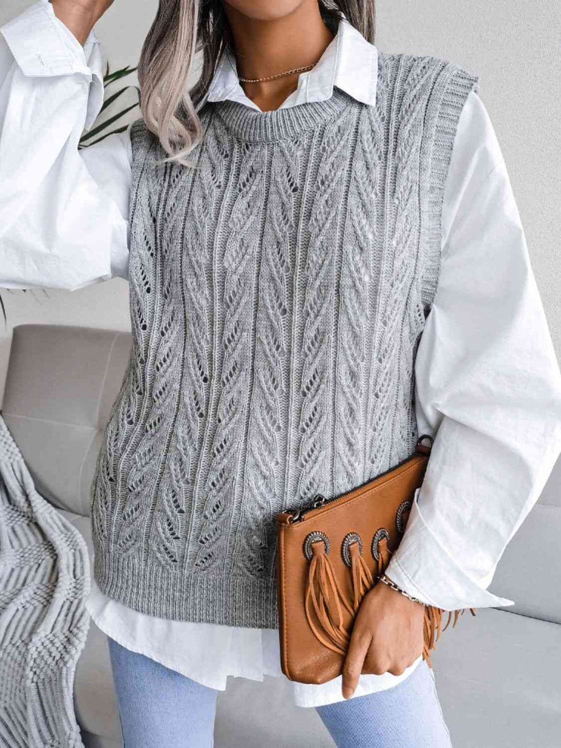 Round Neck  Capped Sleeve Sweater Vest Trendsi