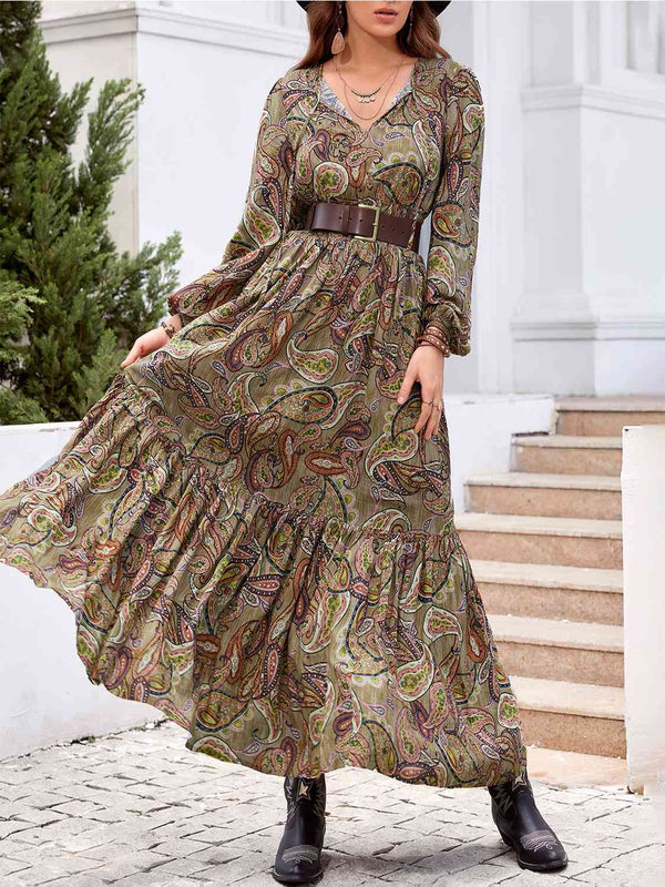 Printed Tie Neck Ruffle Hem Long Sleeve Dress Bazaarbey