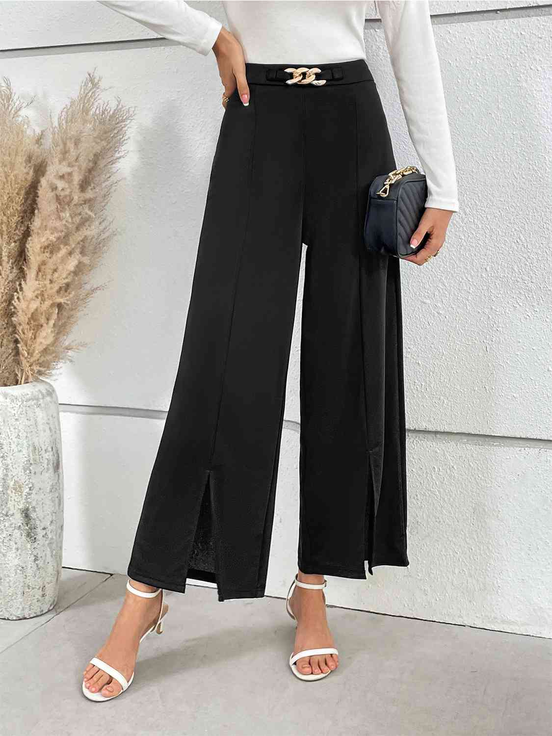 Chain Detail Slit Straight Pants Bazaarbey