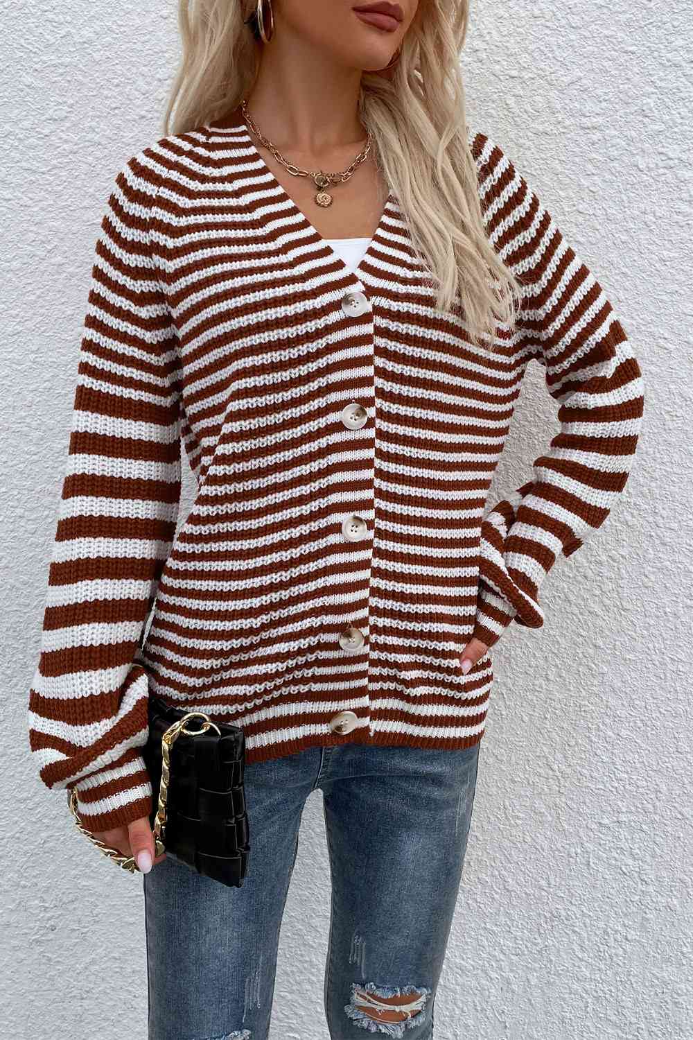 Striped V-Neck Button-Down Cardigan Trendsi