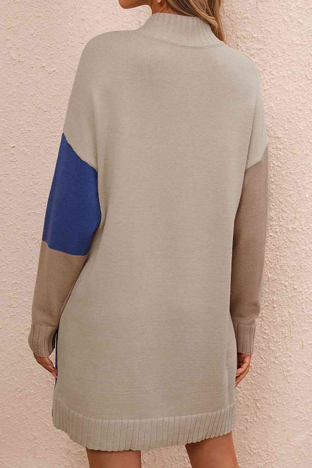 Color Block Mock Neck Dropped Shoulder Sweater Dress Bazaarbey