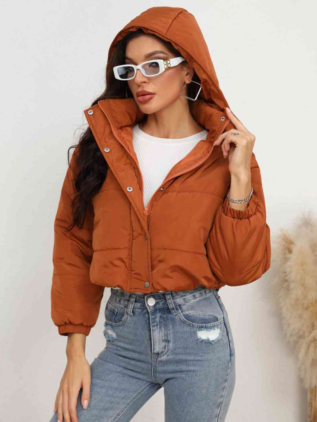 Snap and Zip Closure Hooded Puffer Jacket Trendsi