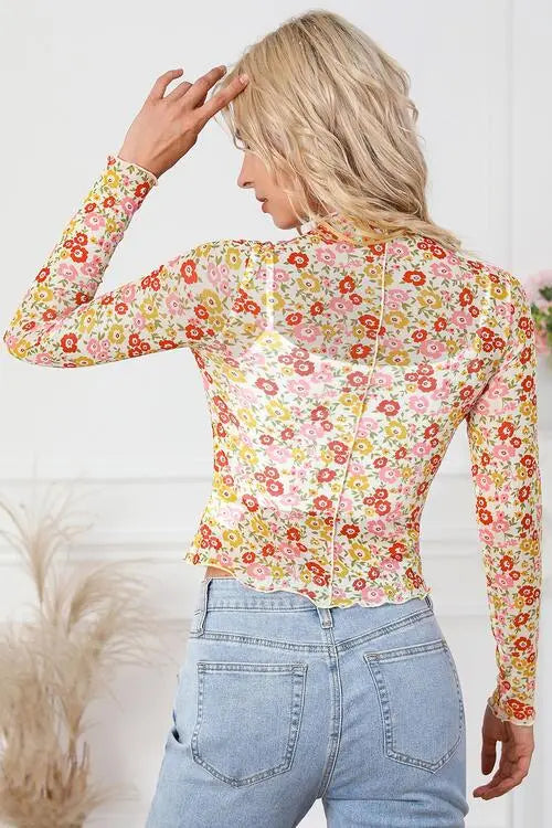 Floral Mock Neck Long Sleeve Blouse Trendsi