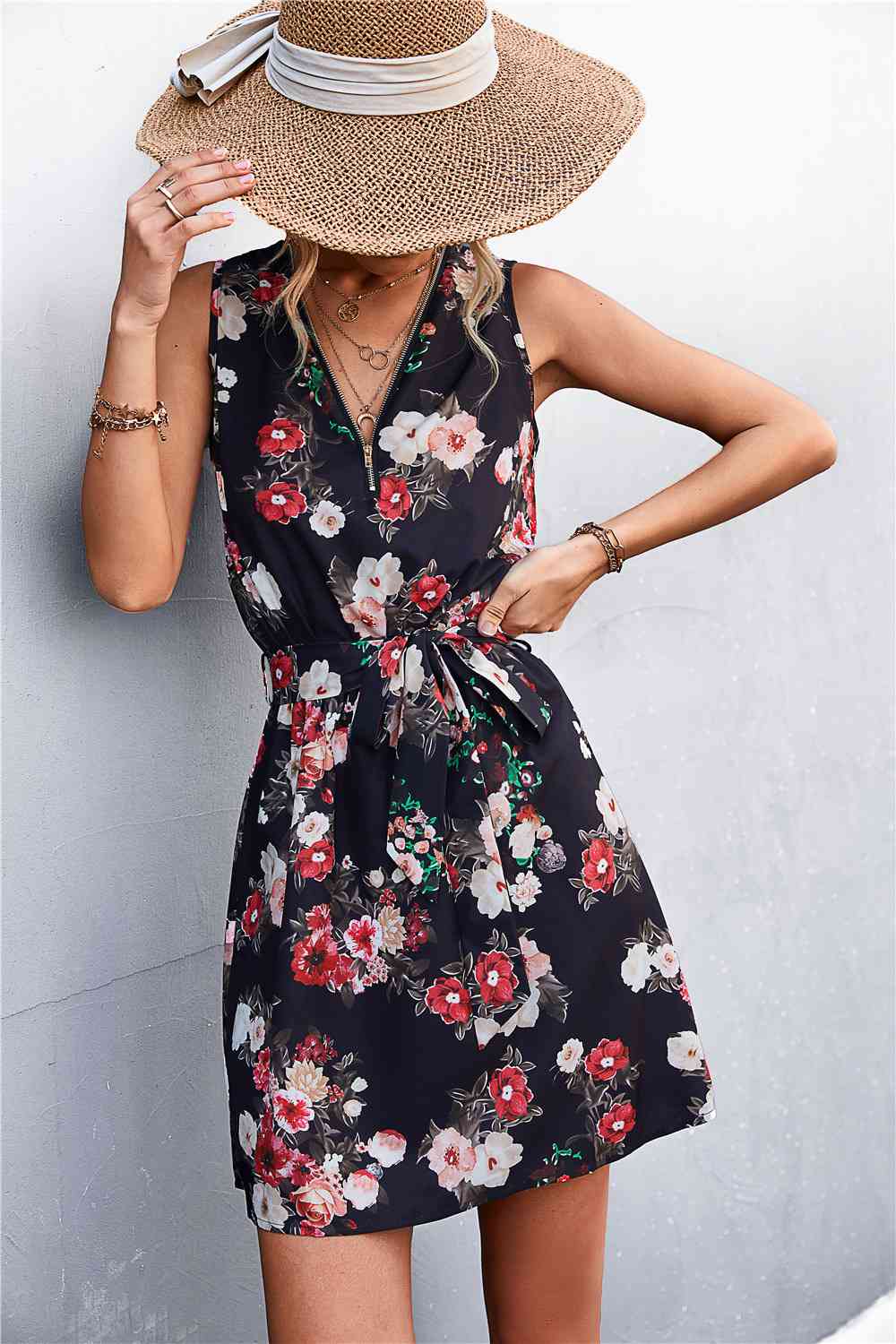 Printed Zip Detail Belted Sleeveless Dress -BazaarBey - www.shopbazaarbey.com