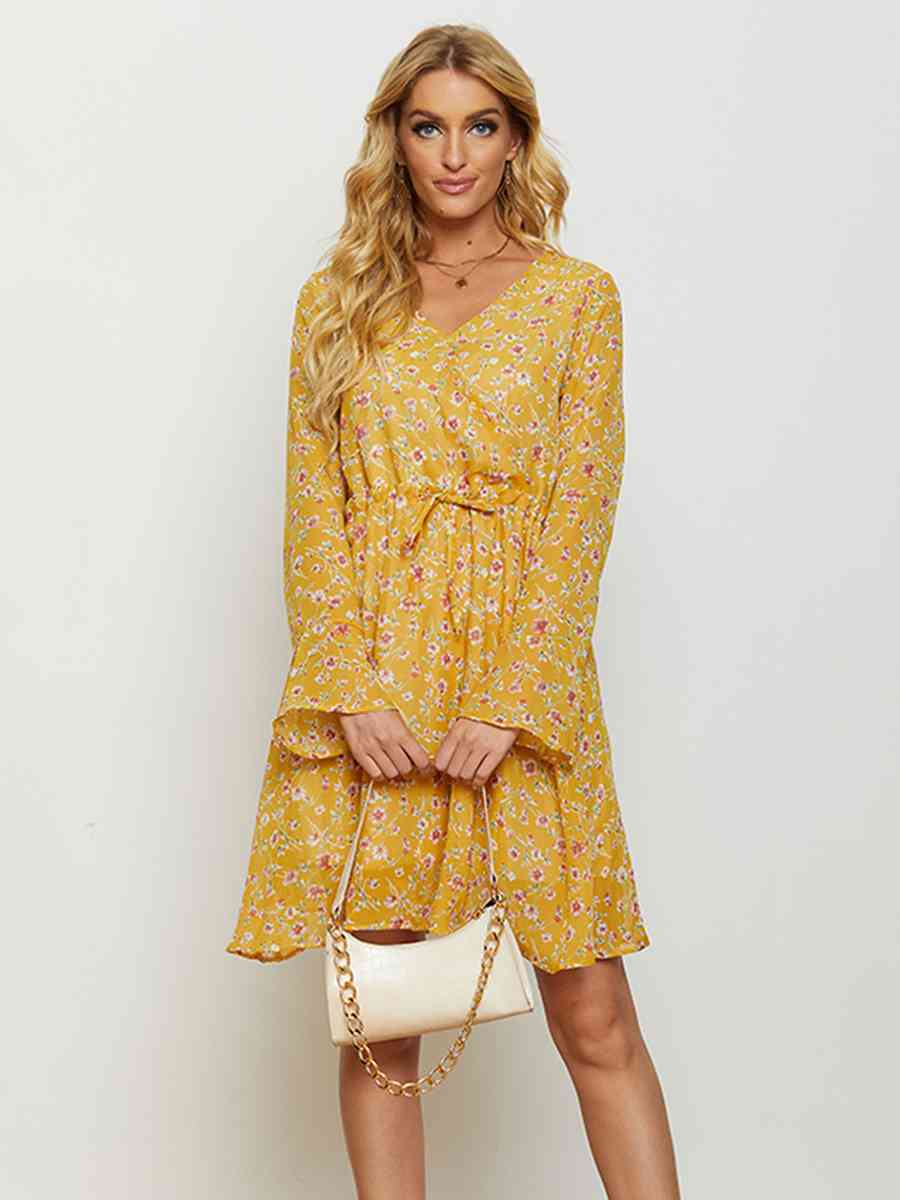 Floral Drawstring Waist V-Neck Dress -BazaarBey - www.shopbazaarbey.com