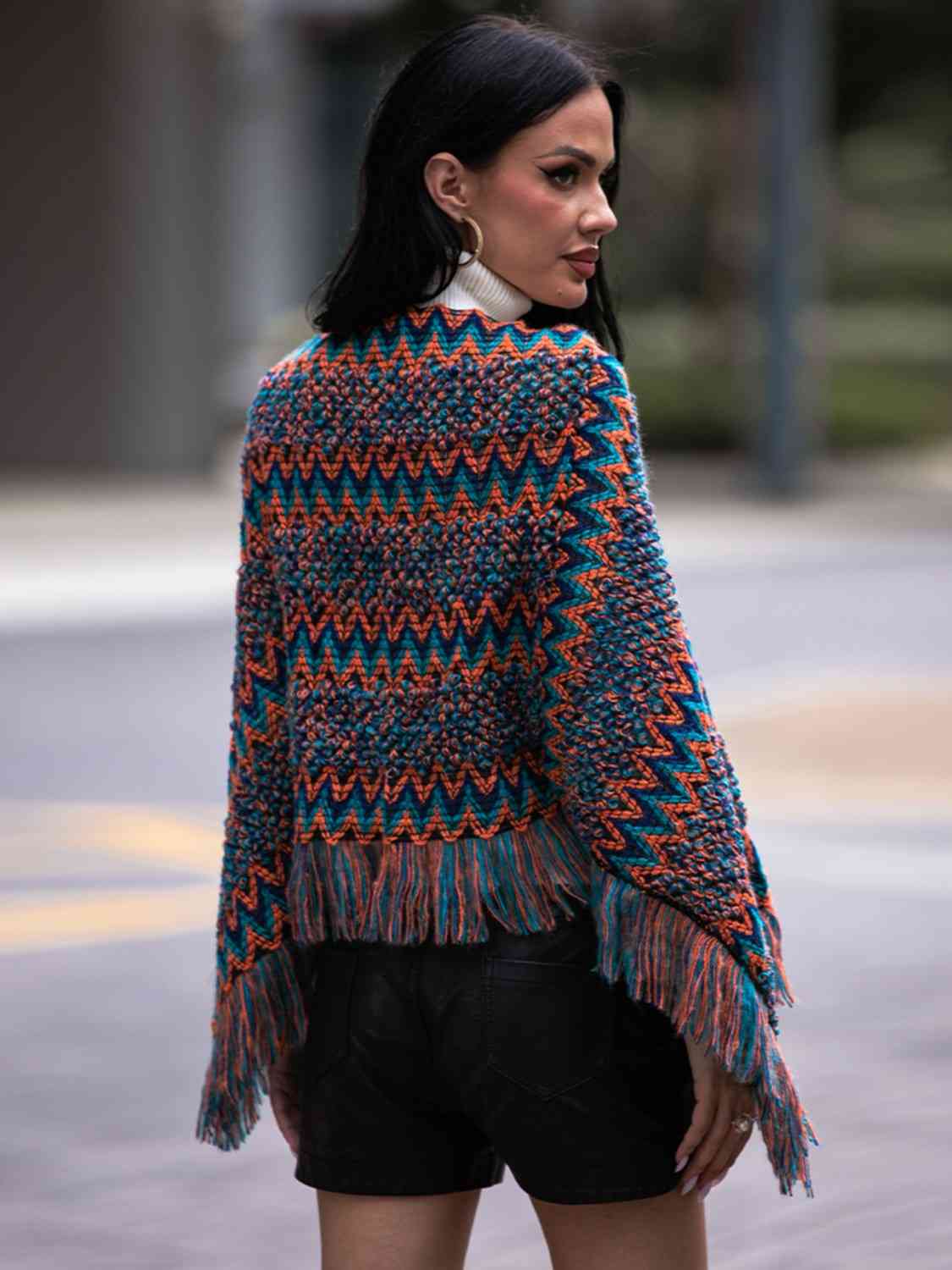 Fringe Hem Boat Neck Poncho Bazaarbey