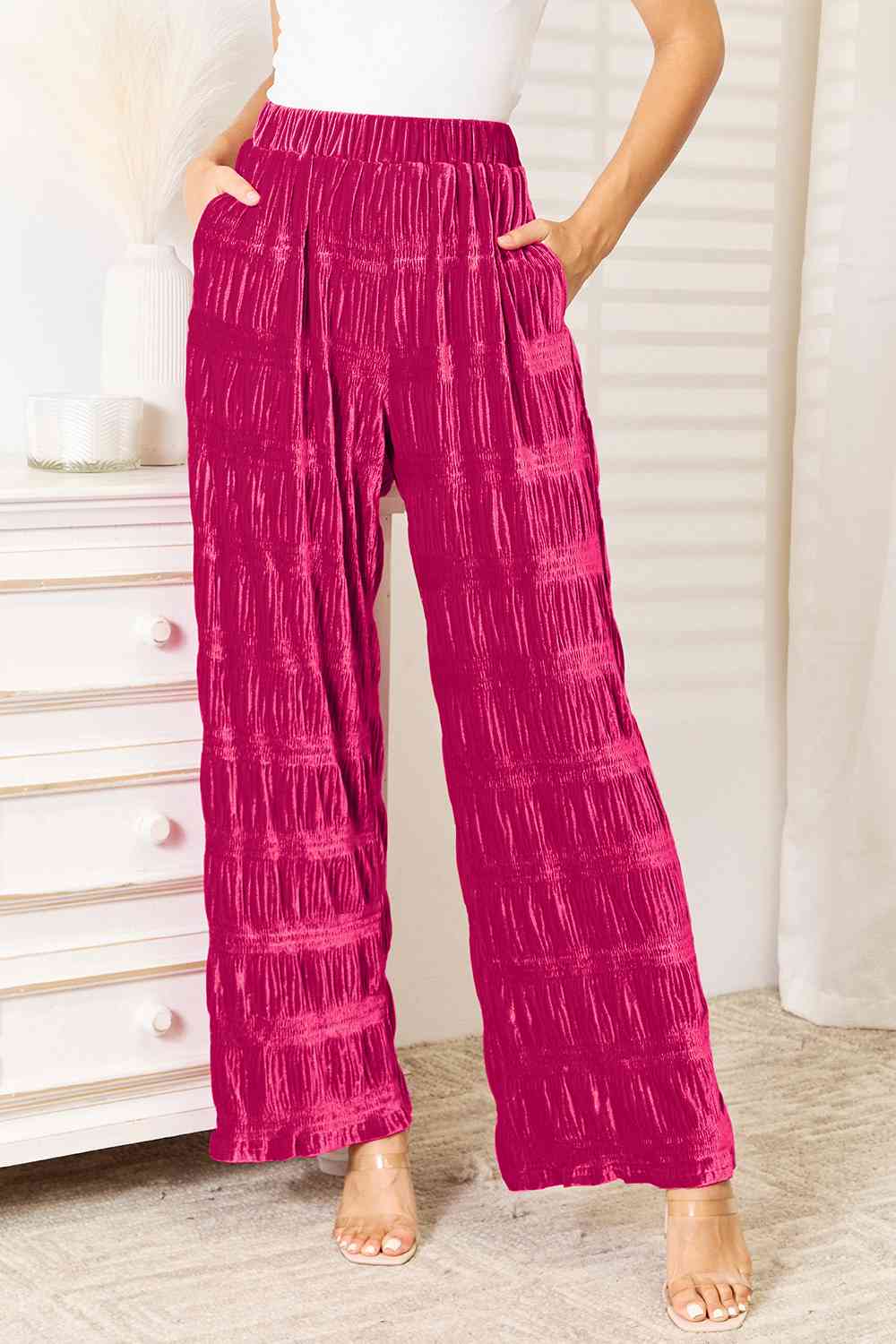   High Waist Tiered Shirring Velvet Wide Leg Pants Bazaarbey