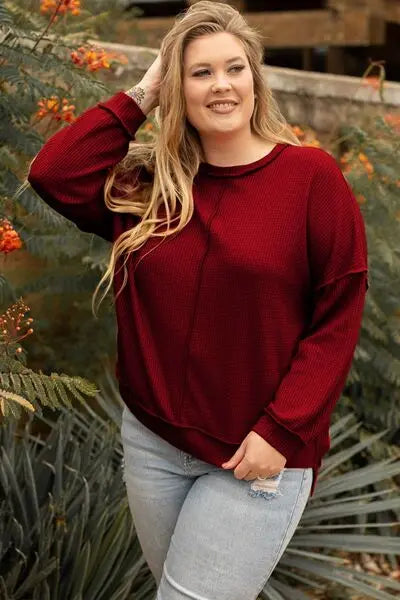 Plus Size Exposed Seam Waffle-Knit High-Low Sweatshirt Bazaarbey