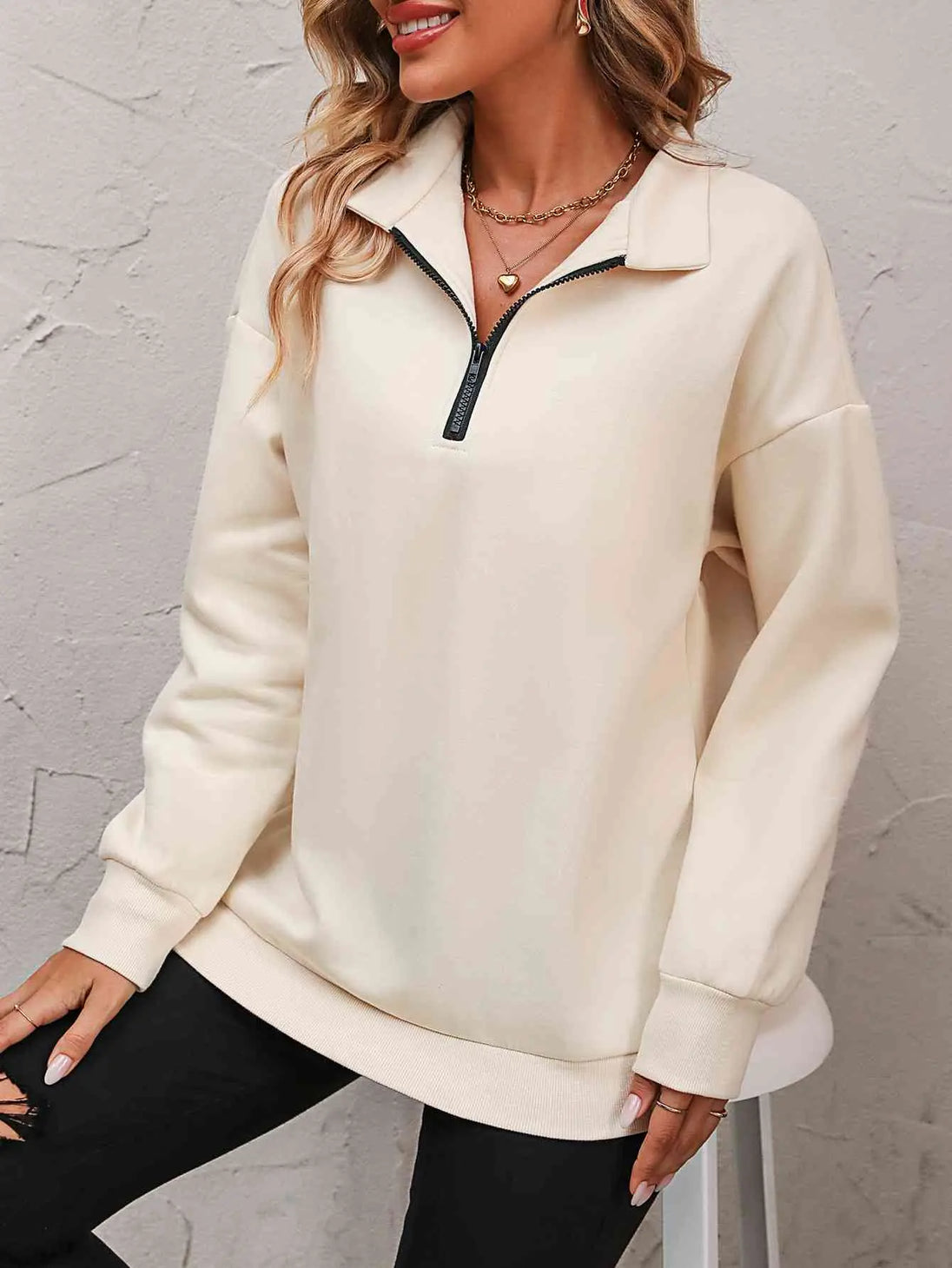 Zip-Up Dropped Shoulder Sweatshirt Bazaarbey