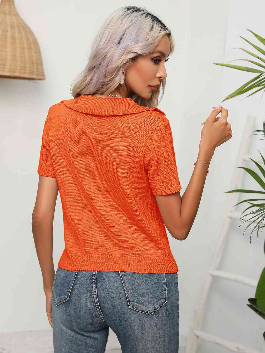 Cable-Knit  Short Sleeve Knit Top Trendsi