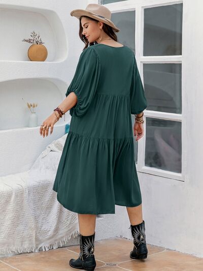 Plus Size Tie Neck Balloon Sleeve Midi Dress -BazaarBey - www.shopbazaarbey.com