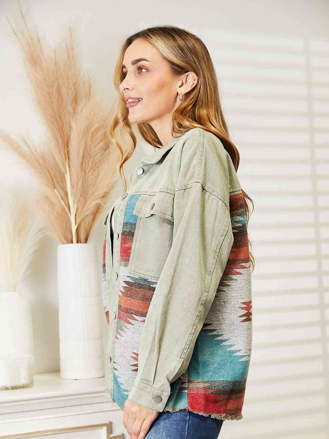 Dropped Shoulder Long Sleeve Printed Denim Jacket Bazaarbey