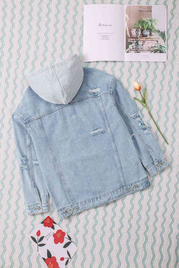 Distressed Hooded Denim Jacket Bazaarbey